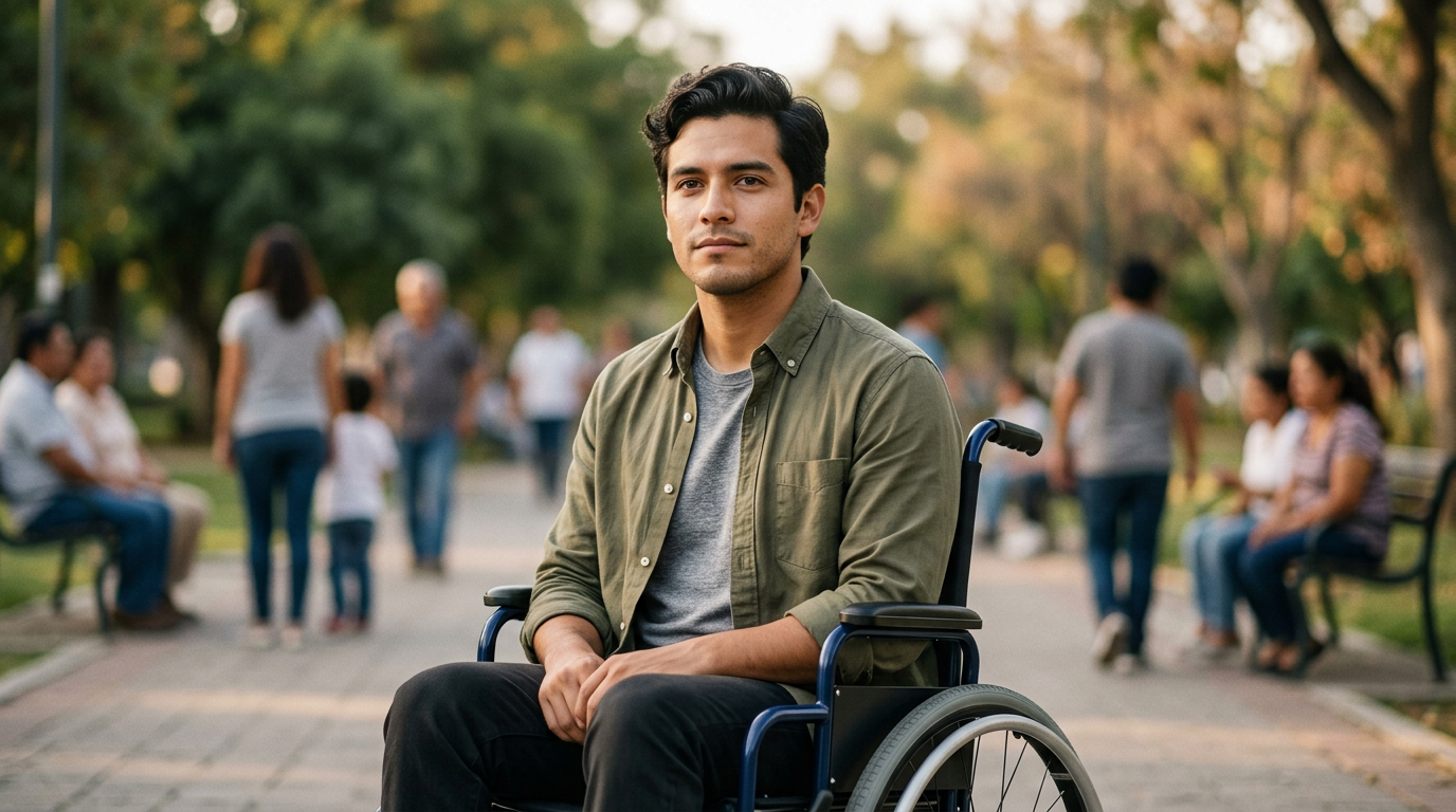 Hombre latino en silla de ruedas mira al frente con expresión de serena determinación.
