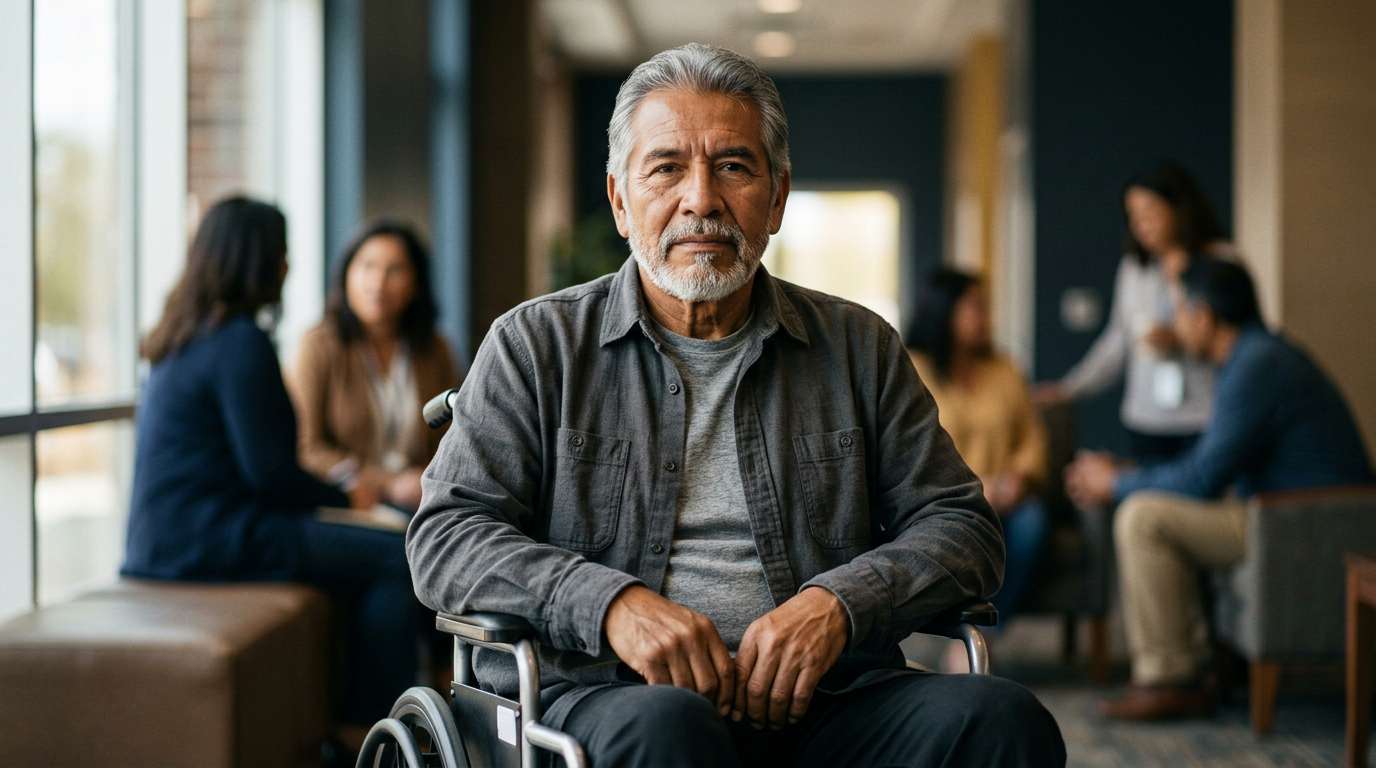 Hombre latino en silla de ruedas mira al frente con expresión de serena determinación tras una lesión medular.