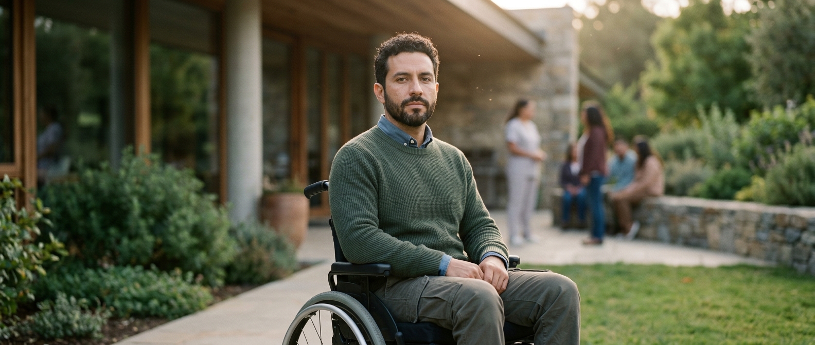 Hombre latino en silla de ruedas mira al frente con expresión de serena determinación.