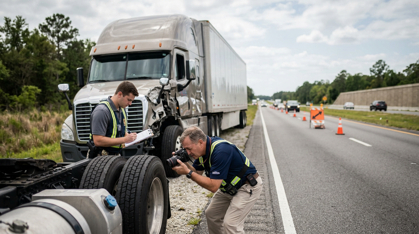 Investigators document a commercial truck collision beside a closed highway lane.