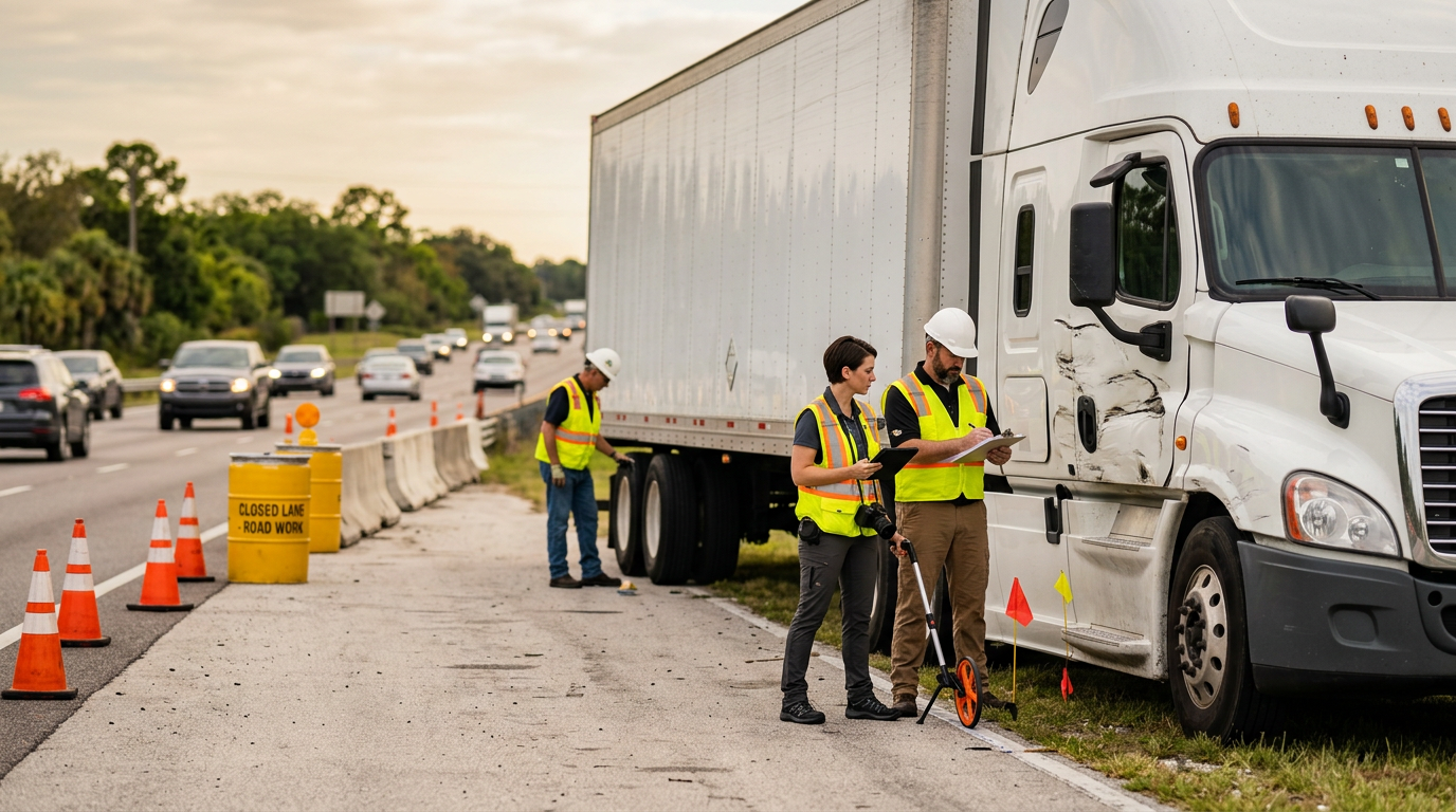 Investigators documenting a commercial truck collision beside a closed highway lane.
