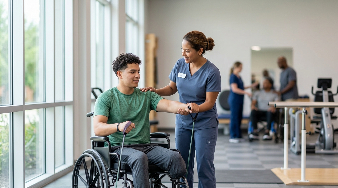 Joven en silla de ruedas con fisioterapeuta durante rehabilitación en un gimnasio.