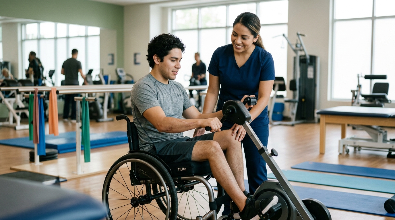 Joven en silla de ruedas con fisioterapeuta en gimnasio de rehabilitación por lesión medular.