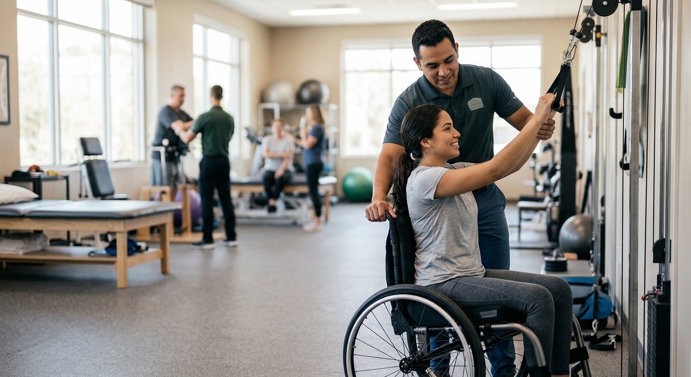 Joven en silla de ruedas con fisioterapeuta en gimnasio de rehabilitación de lesiones de médula espinal.