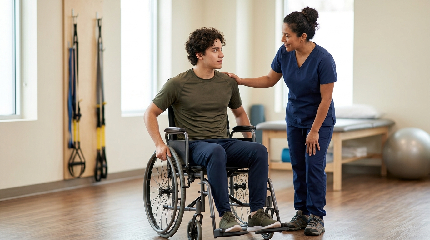 Joven en silla de ruedas con fisioterapeuta en gimnasio de rehabilitación por lesión de columna.