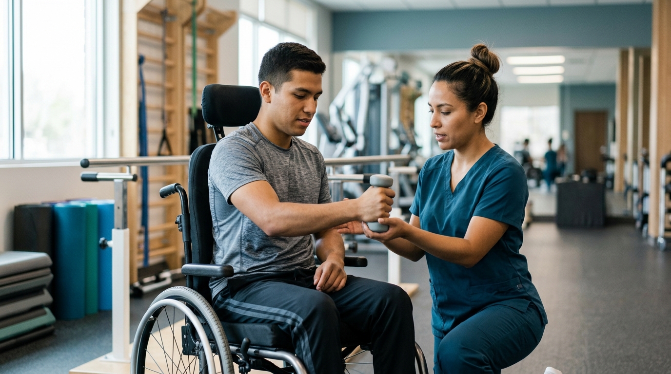 Joven en silla de ruedas con fisioterapeuta en gimnasio de rehabilitación de lesiones medulares.