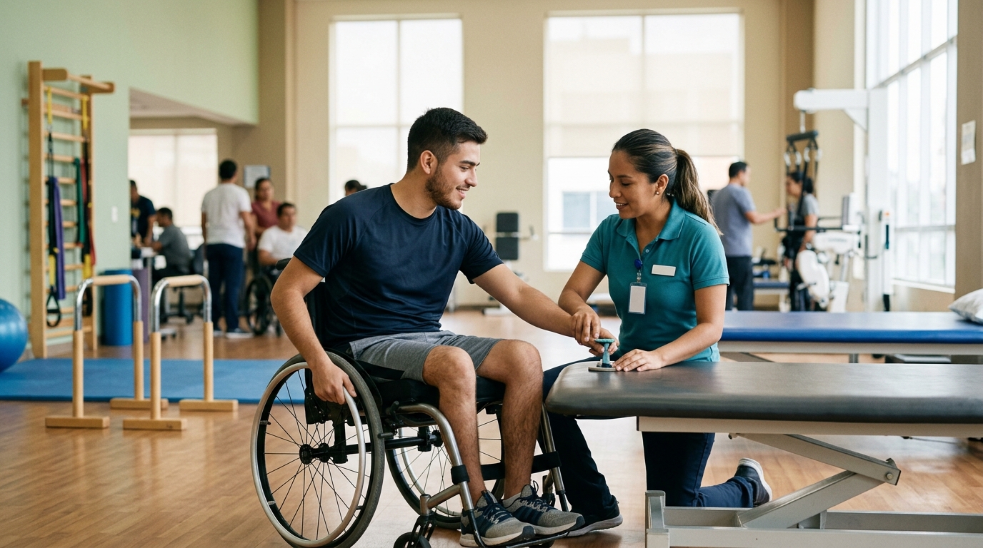 Joven en silla de ruedas con fisioterapeuta en gimnasio de rehabilitación por lesión medular.