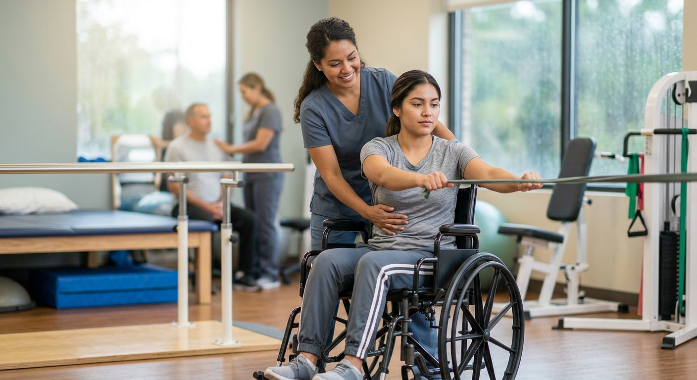 Joven en silla de ruedas con fisioterapeuta en gimnasio de rehabilitación por lesión medular.