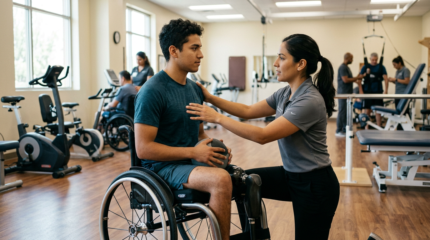 Joven en silla de ruedas con fisioterapeuta en gimnasio de rehabilitación de lesiones medulares.