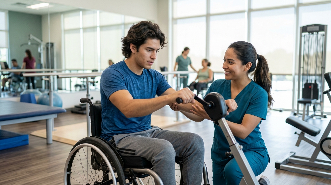 Joven en silla de ruedas con fisioterapeuta en gimnasio de rehabilitación de lesiones medulares.