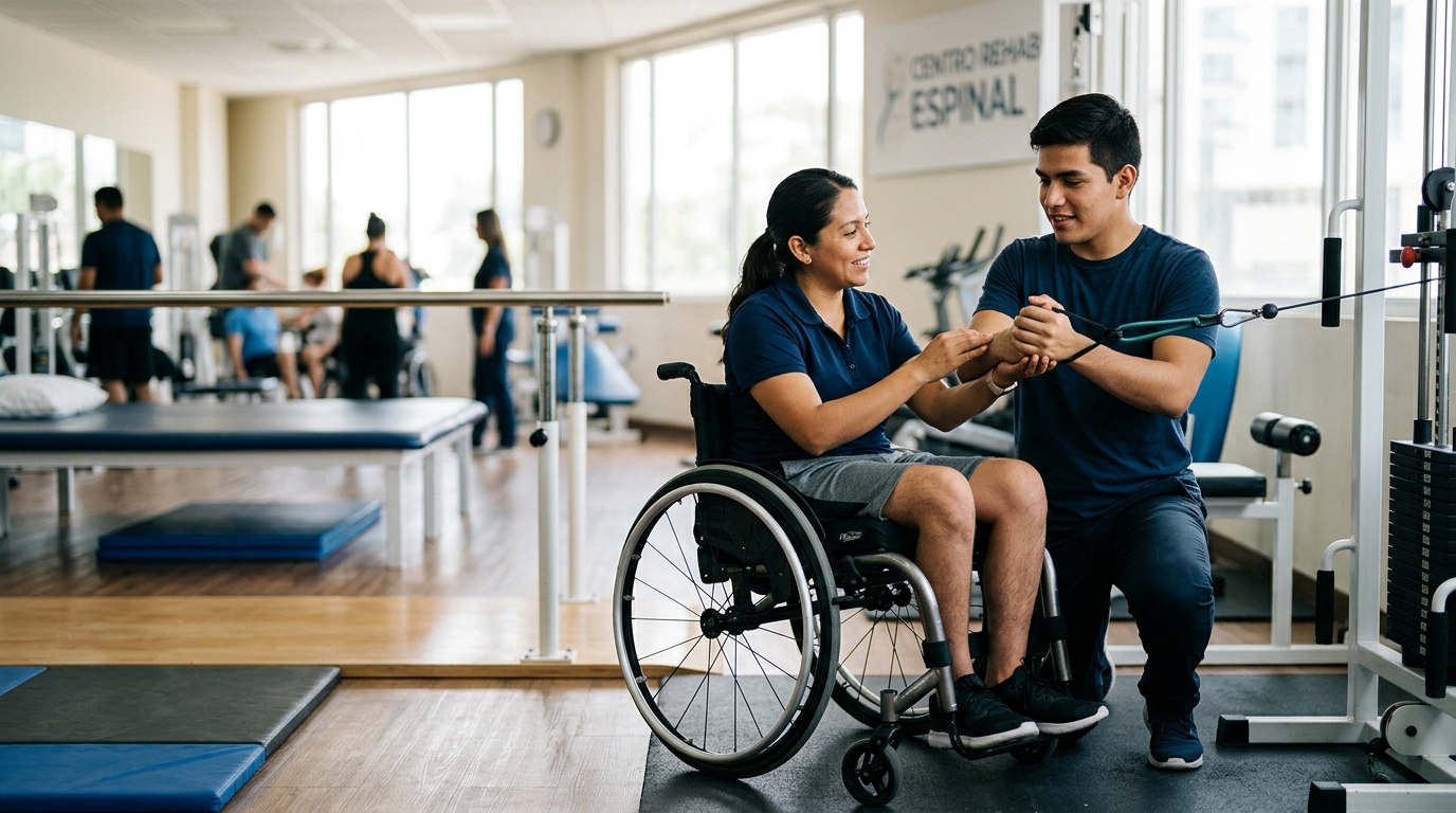 Joven en silla de ruedas con fisioterapeuta en gimnasio de rehabilitación de lesiones medulares.
