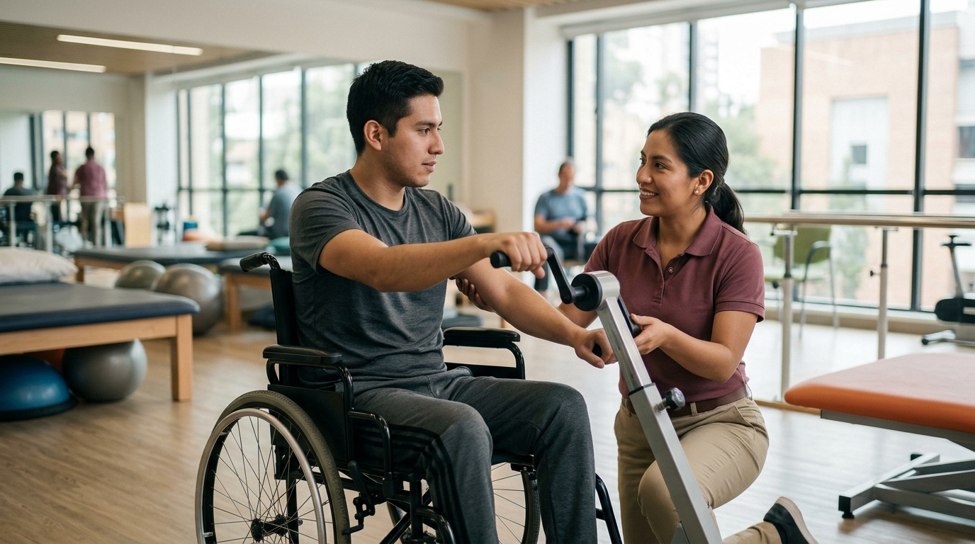 Joven en silla de ruedas con fisioterapeuta en un gimnasio de rehabilitación de lesiones.