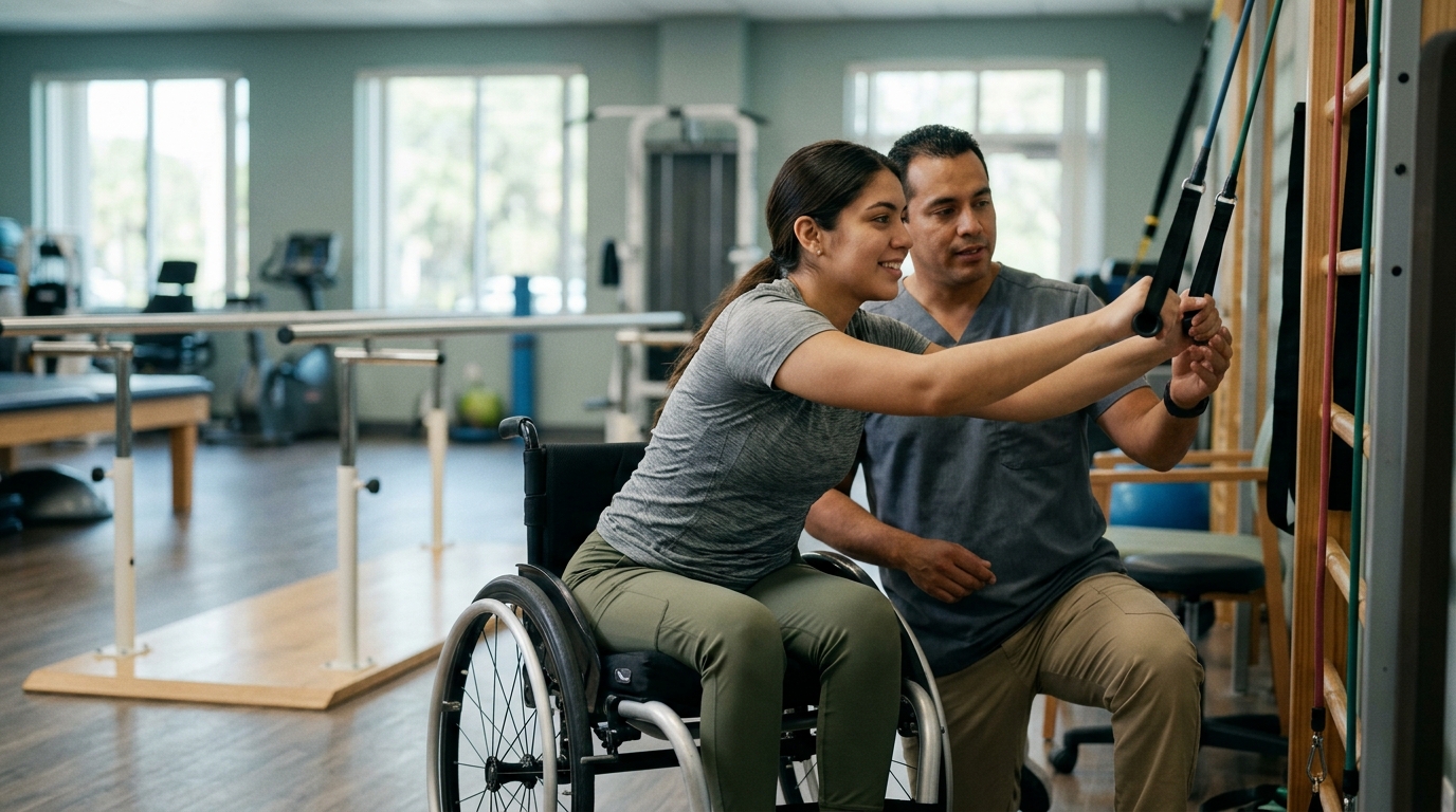 Joven en silla de ruedas con fisioterapeuta en un gimnasio de rehabilitación de lesiones medulares.