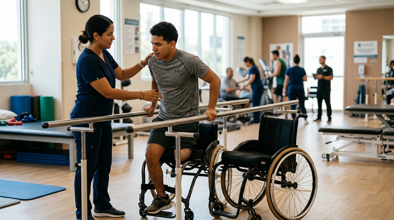 Joven en silla de ruedas con fisioterapeuta en un gimnasio de rehabilitación de lesiones de columna vertebral.