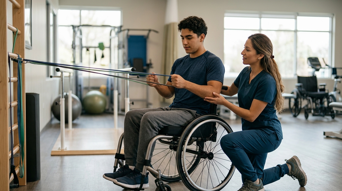 Joven en silla de ruedas con fisioterapeuta en un gimnasio de rehabilitación de lesiones medulares.