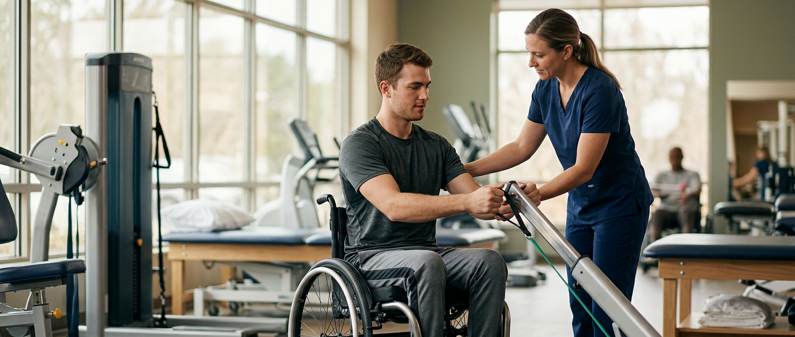 a young adult in a wheelchair in a spinal-cord-injury rehabilitation gym with a physical therapist