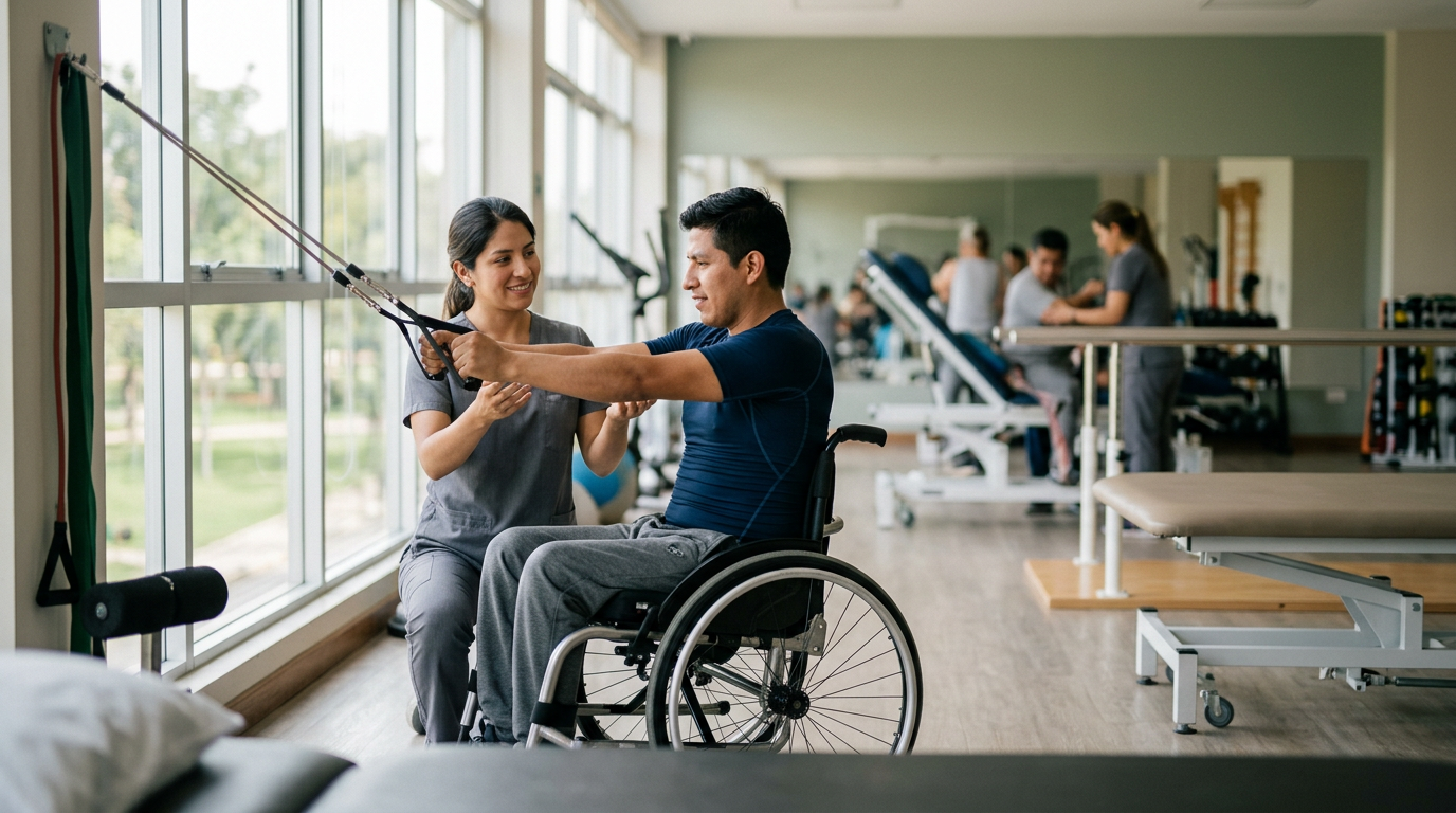 Joven en silla de ruedas junto a fisioterapeuta durante rehabilitación por lesión medular en un gimnasio.