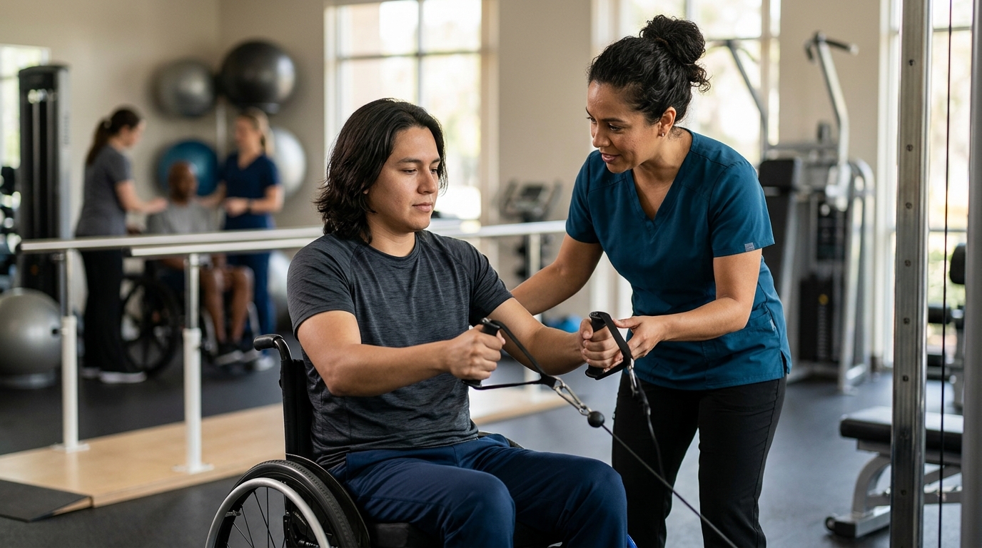 Joven en silla de ruedas junto a fisioterapeuta en gimnasio de rehabilitación de lesiones medulares.