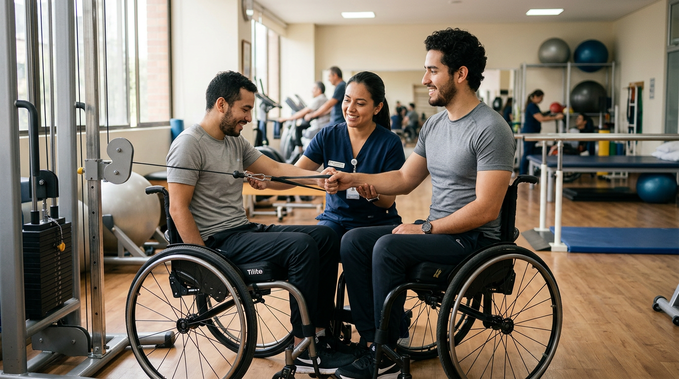Joven en silla de ruedas junto a fisioterapeuta en gimnasio de rehabilitación de lesión medular.