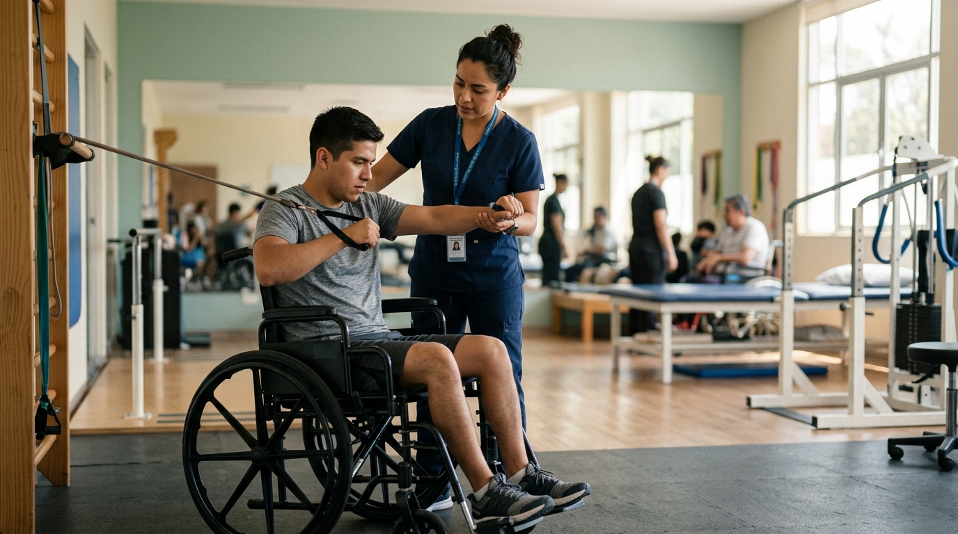 Joven en silla de ruedas junto a fisioterapeuta en gimnasio de rehabilitación de lesión medular.