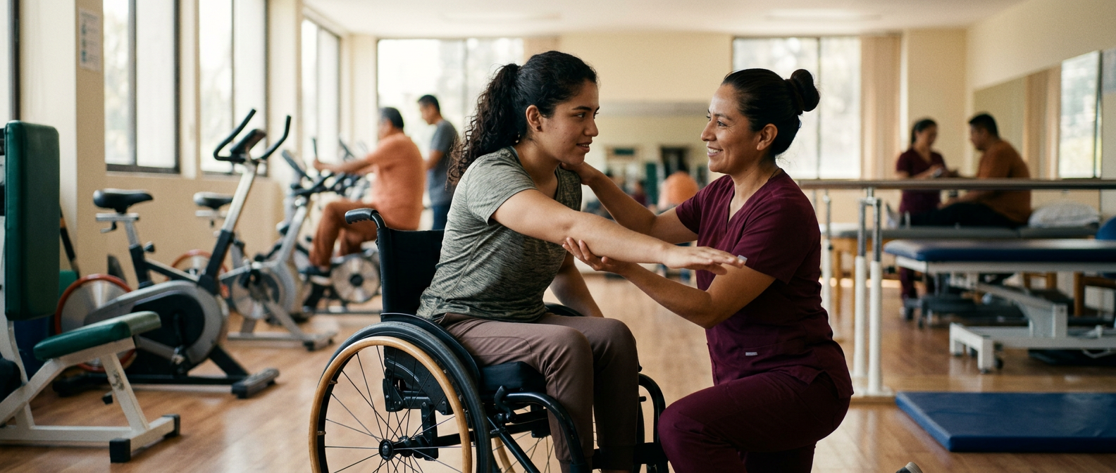 Joven en silla de ruedas junto a fisioterapeuta en gimnasio de rehabilitación de lesión medular.