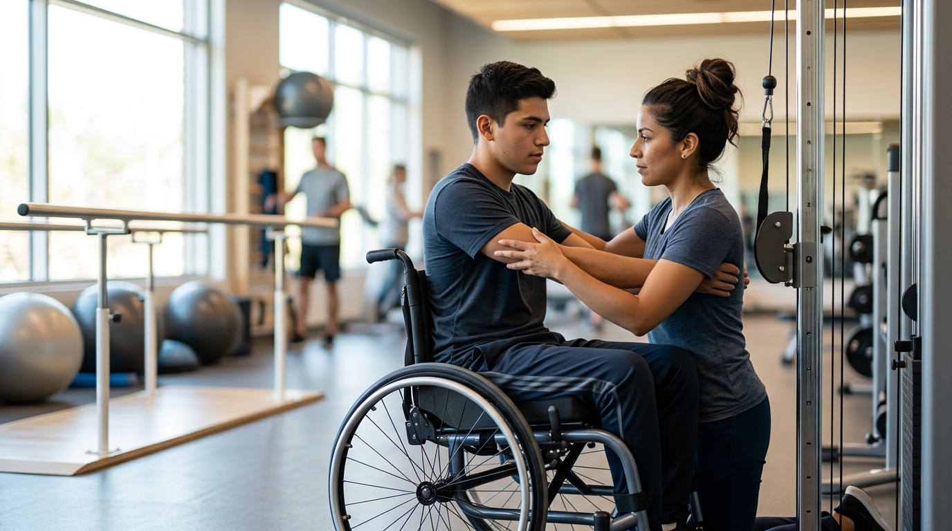 Joven en silla de ruedas junto a fisioterapeuta en gimnasio de rehabilitación por lesión medular.