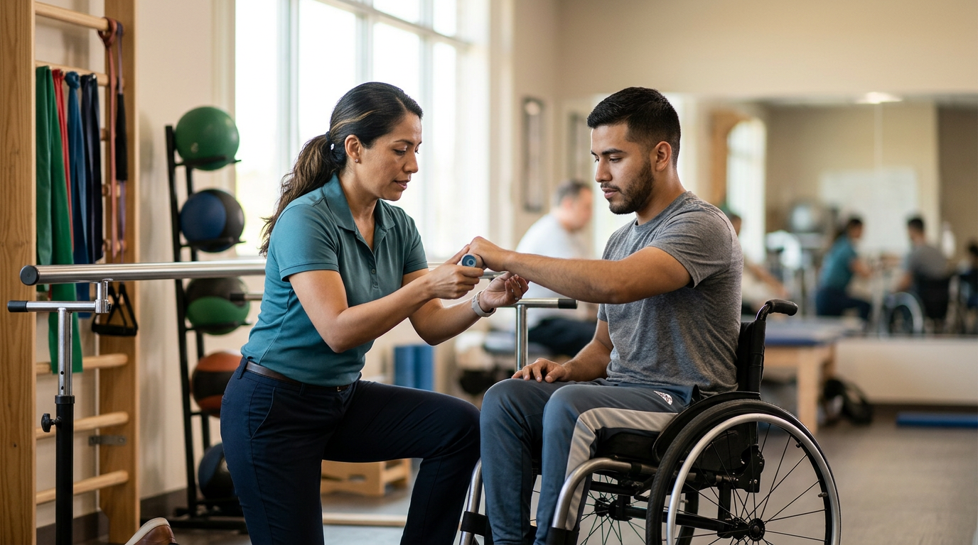 Joven en silla de ruedas junto a fisioterapeuta en gimnasio de rehabilitación de lesión medular.