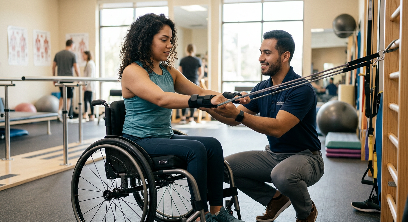 Joven en silla de ruedas junto a fisioterapeuta en un gimnasio de rehabilitación de lesión medular.
