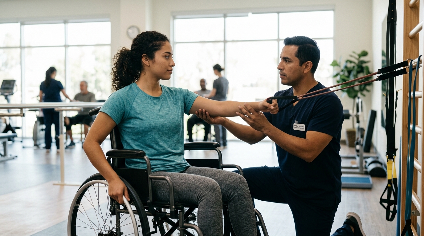 Joven en silla de ruedas junto a fisioterapeuta en un gimnasio de rehabilitación de lesiones medulares.