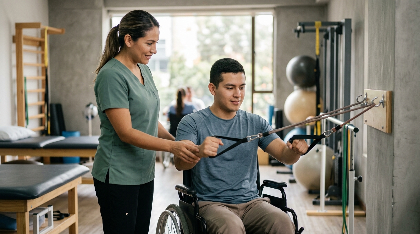 Joven en silla de ruedas junto a fisioterapeuta en un gimnasio de rehabilitación de lesiones medulares.