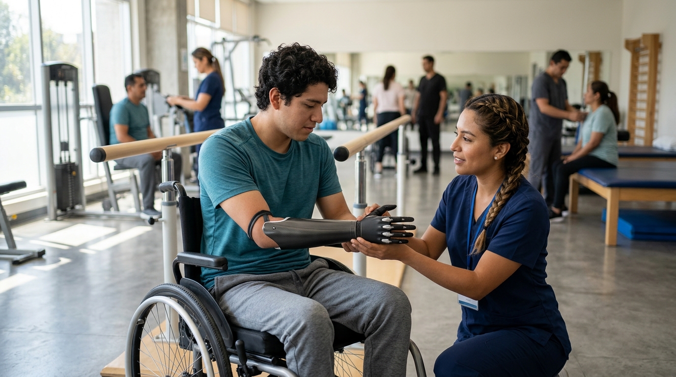 Joven en silla de ruedas junto a fisioterapeuta en un gimnasio de rehabilitación.