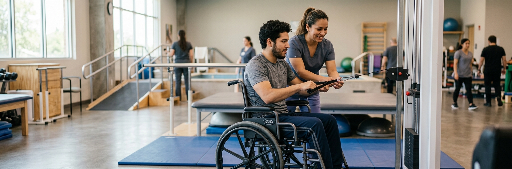 Joven en silla de ruedas junto a fisioterapeuta en un gimnasio de rehabilitación de lesiones de columna.