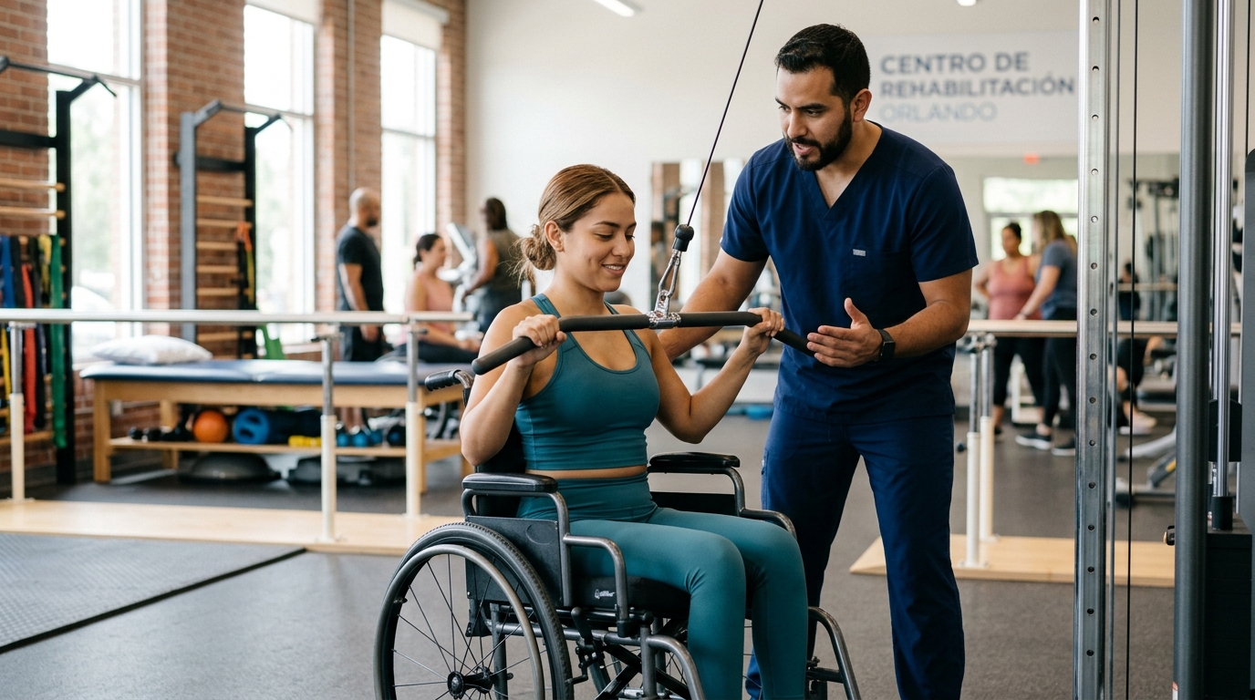 Joven en silla de ruedas junto a fisioterapeuta en un gimnasio de rehabilitación de lesiones de médula espinal.