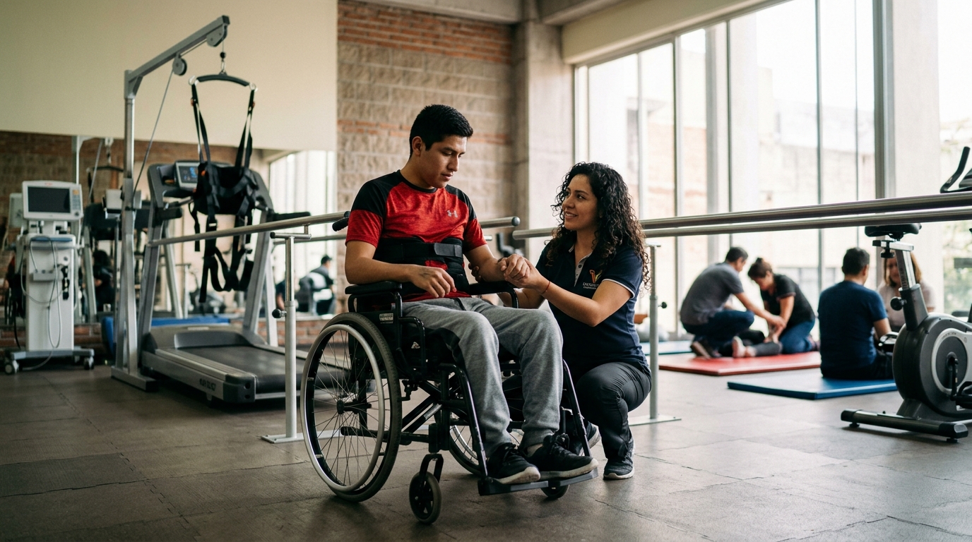 Joven en silla de ruedas junto a su fisioterapeuta en un gimnasio de rehabilitación de lesión medular.