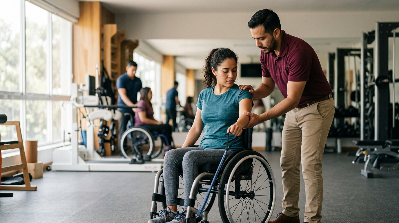 Joven en silla de ruedas junto a su fisioterapeuta en un gimnasio de rehabilitación de lesiones medulares.