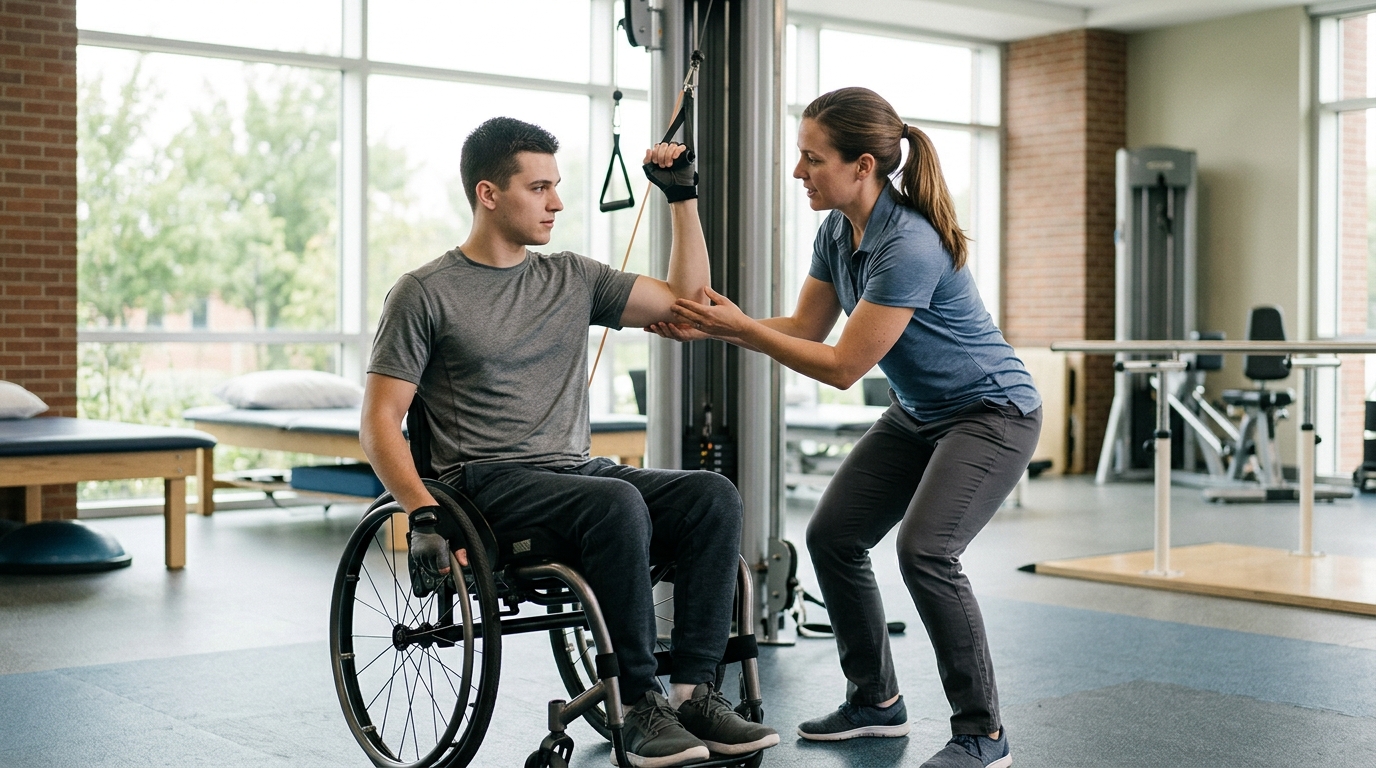 Joven en silla de ruedas junto a un fisioterapeuta en un gimnasio de rehabilitación de lesiones medulares.