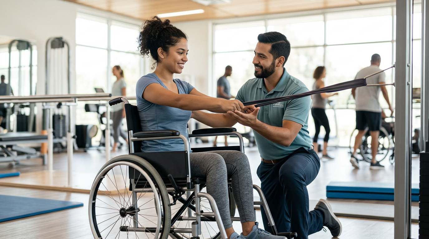Joven en silla de ruedas junto a un fisioterapeuta en un gimnasio de rehabilitación de lesiones medulares.