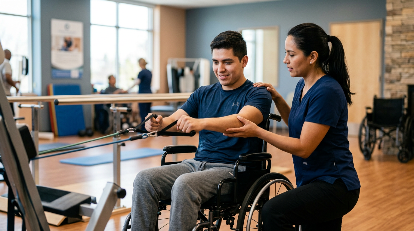 Joven en silla de ruedas junto a un fisioterapeuta en un gimnasio de rehabilitación de lesiones medulares.