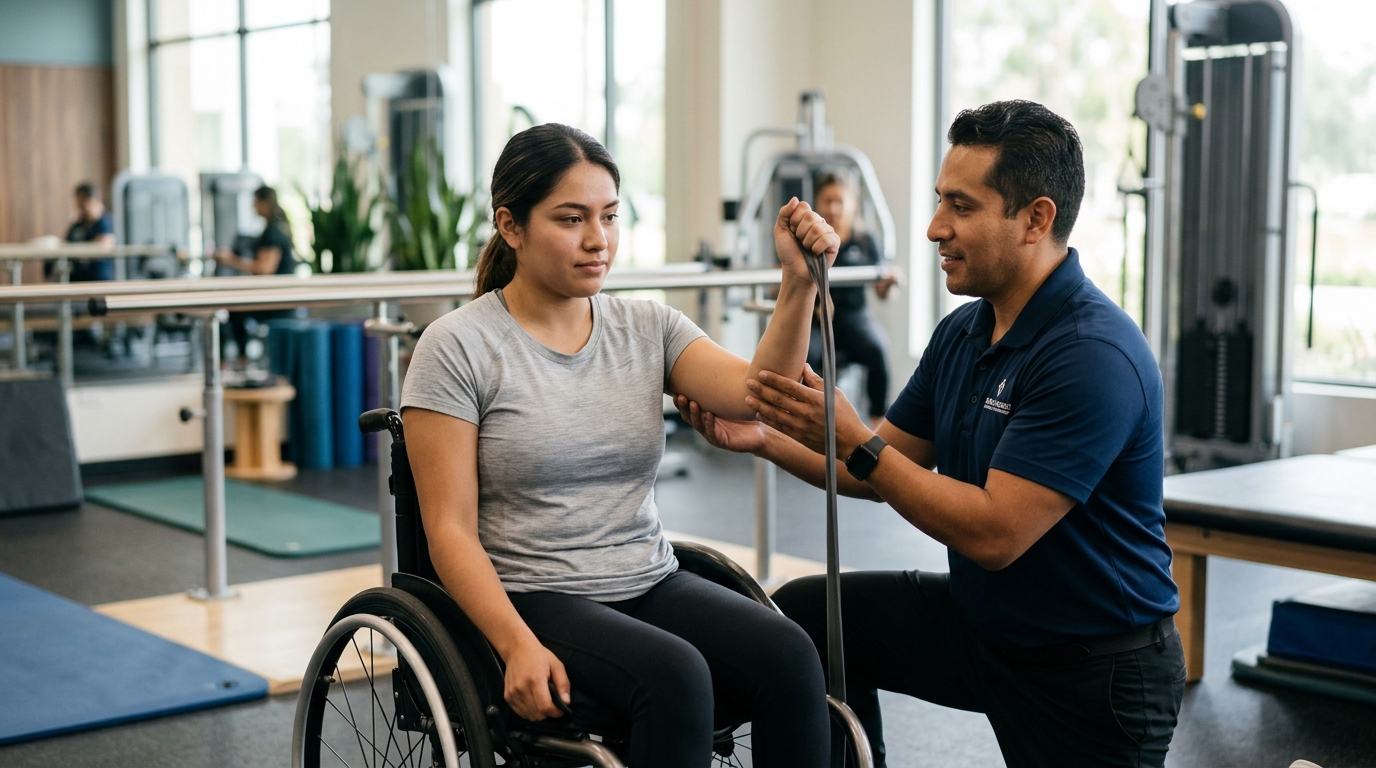 Joven en silla de ruedas junto a un fisioterapeuta en un gimnasio de rehabilitación de lesiones medulares.