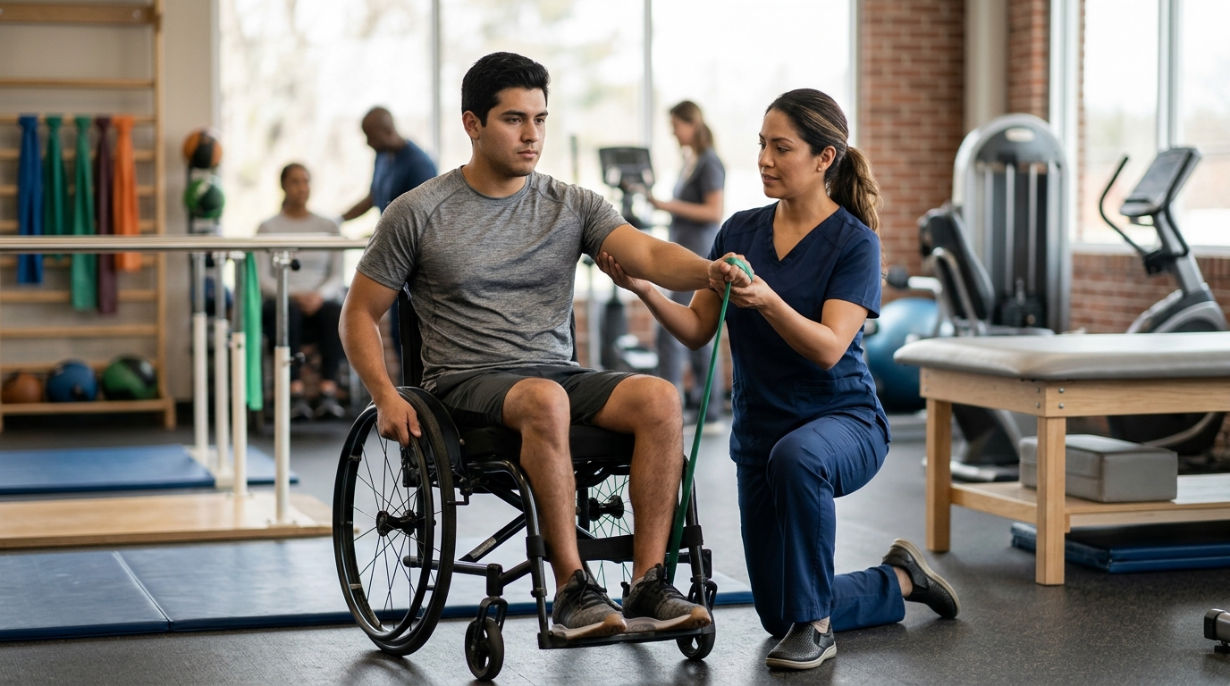 Joven en silla de ruedas junto a una fisioterapeuta en un gimnasio de rehabilitación de lesión medular.