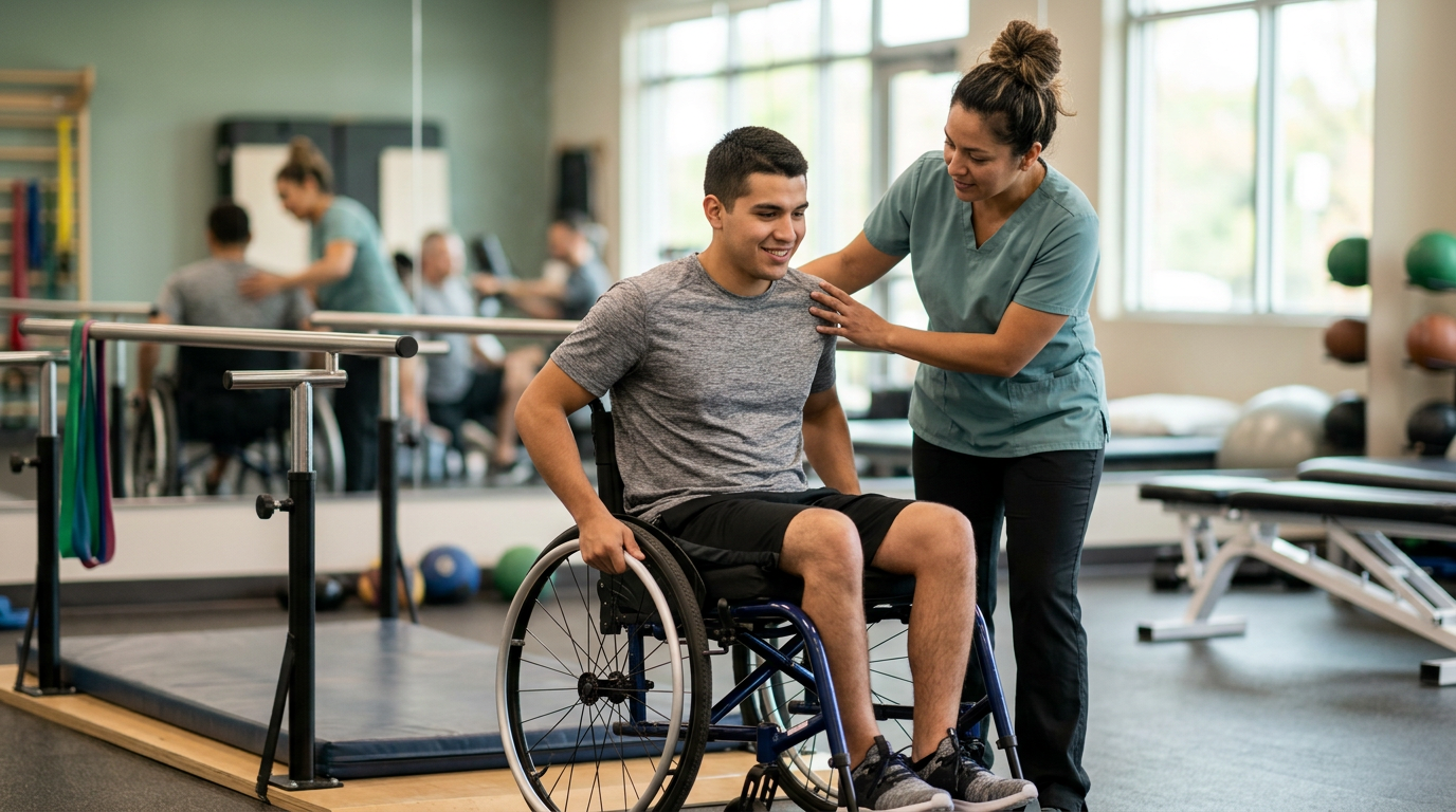 Joven en silla de ruedas junto a una fisioterapeuta en un gimnasio de rehabilitación de lesiones medulares.