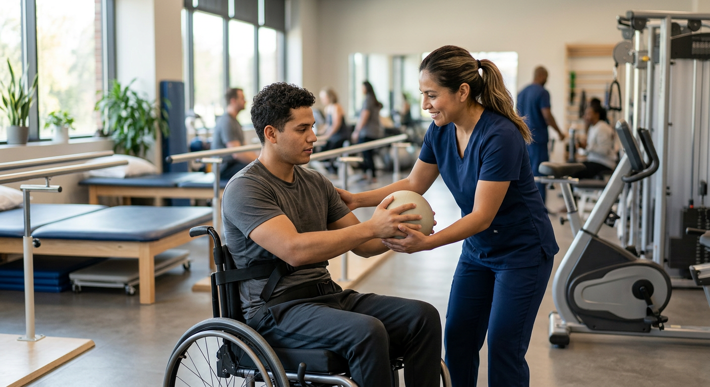 Joven en silla de ruedas realiza rehabilitación con un fisioterapeuta en un gimnasio especializado.