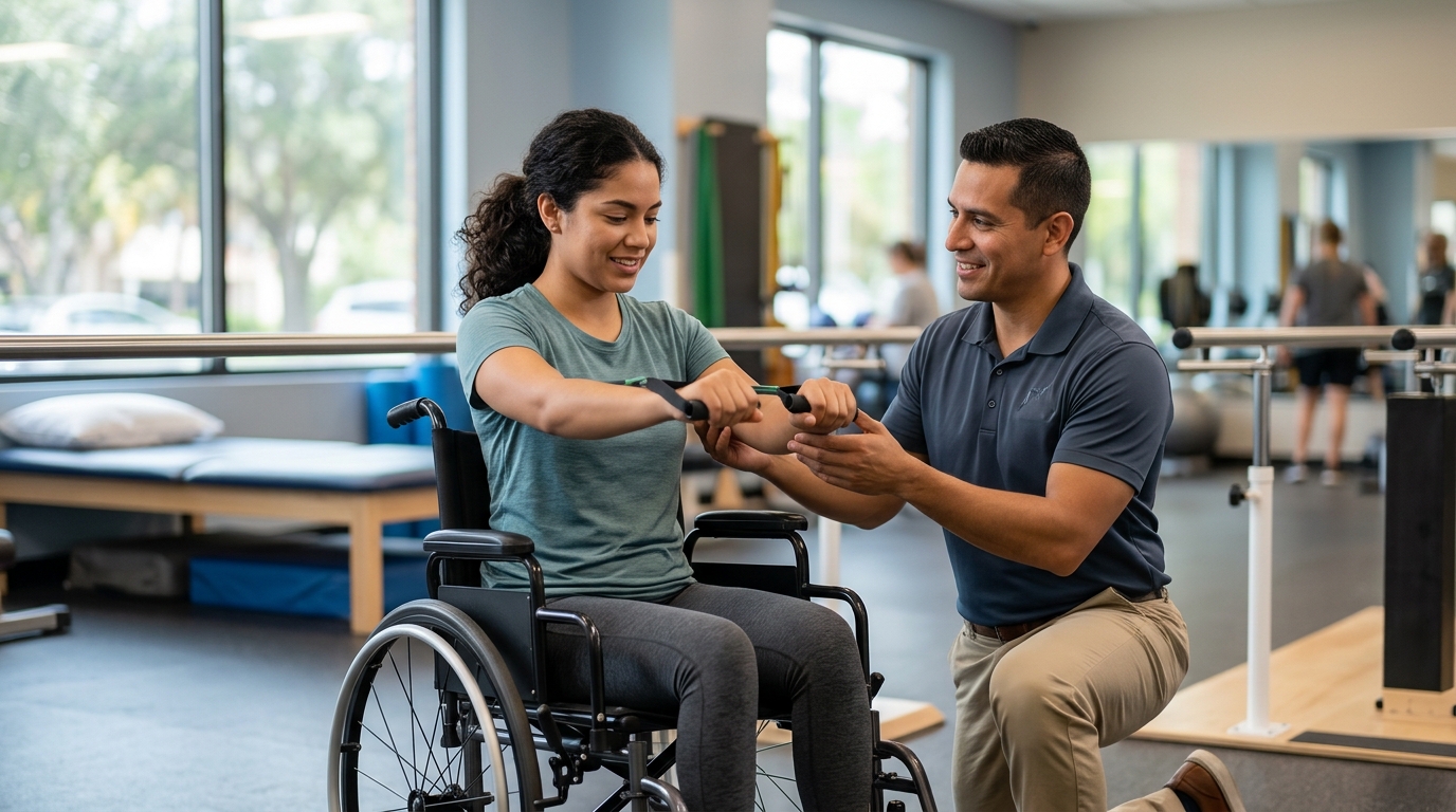 Joven en silla de ruedas realizando terapia con un fisioterapeuta en un gimnasio de rehabilitación.