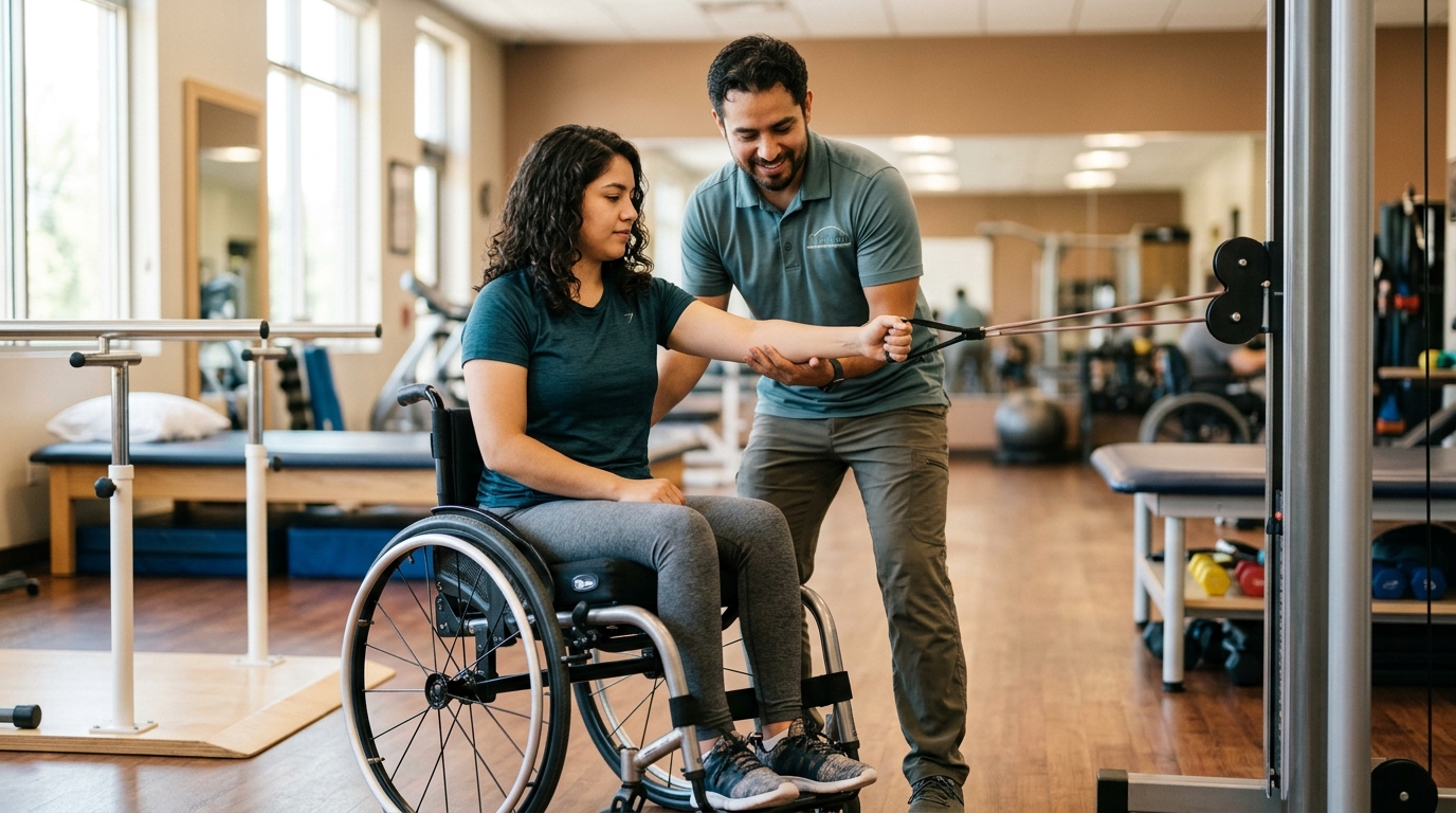 Joven en silla de ruedas realizando terapia con un fisioterapeuta en un gimnasio de rehabilitación.