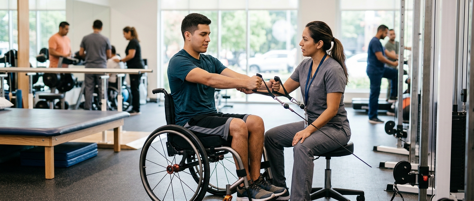 Joven en silla de ruedas trabajando con un fisioterapeuta en un gimnasio de rehabilitación de lesiones medulares.