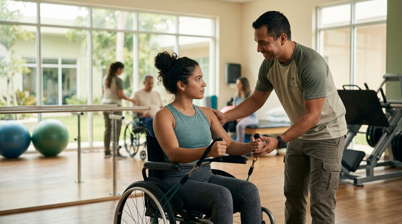 Joven en silla de ruedas trabajando con un fisioterapeuta en un gimnasio de rehabilitación para lesiones de columna.