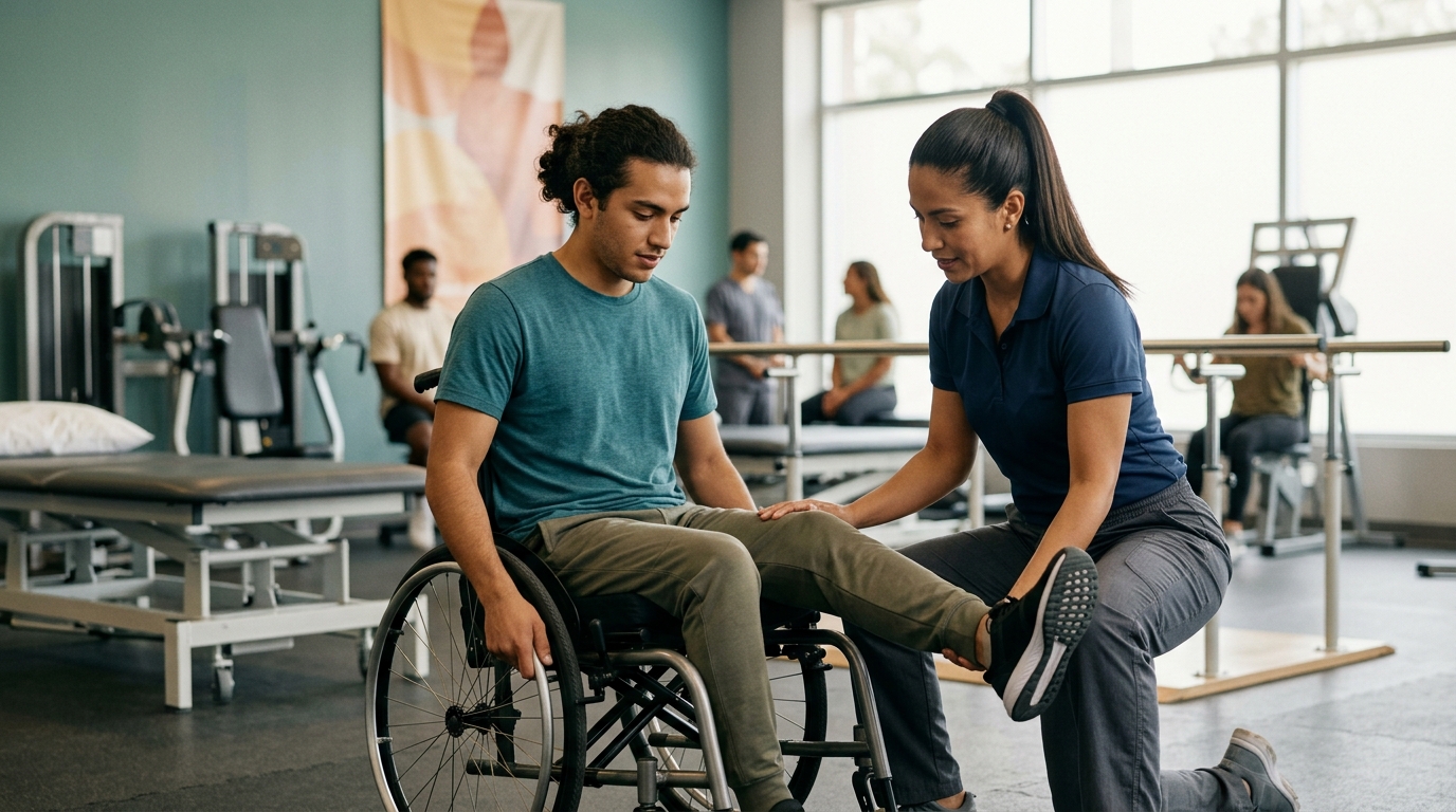Joven en silla de ruedas trabajando con un fisioterapeuta en un gimnasio de rehabilitación.