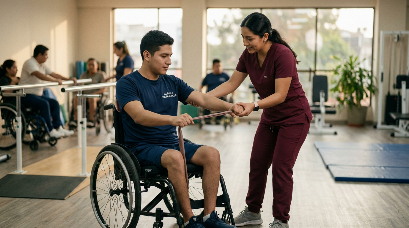Joven en silla de ruedas trabajando con un fisioterapeuta en un gimnasio de rehabilitación de lesiones medulares.
