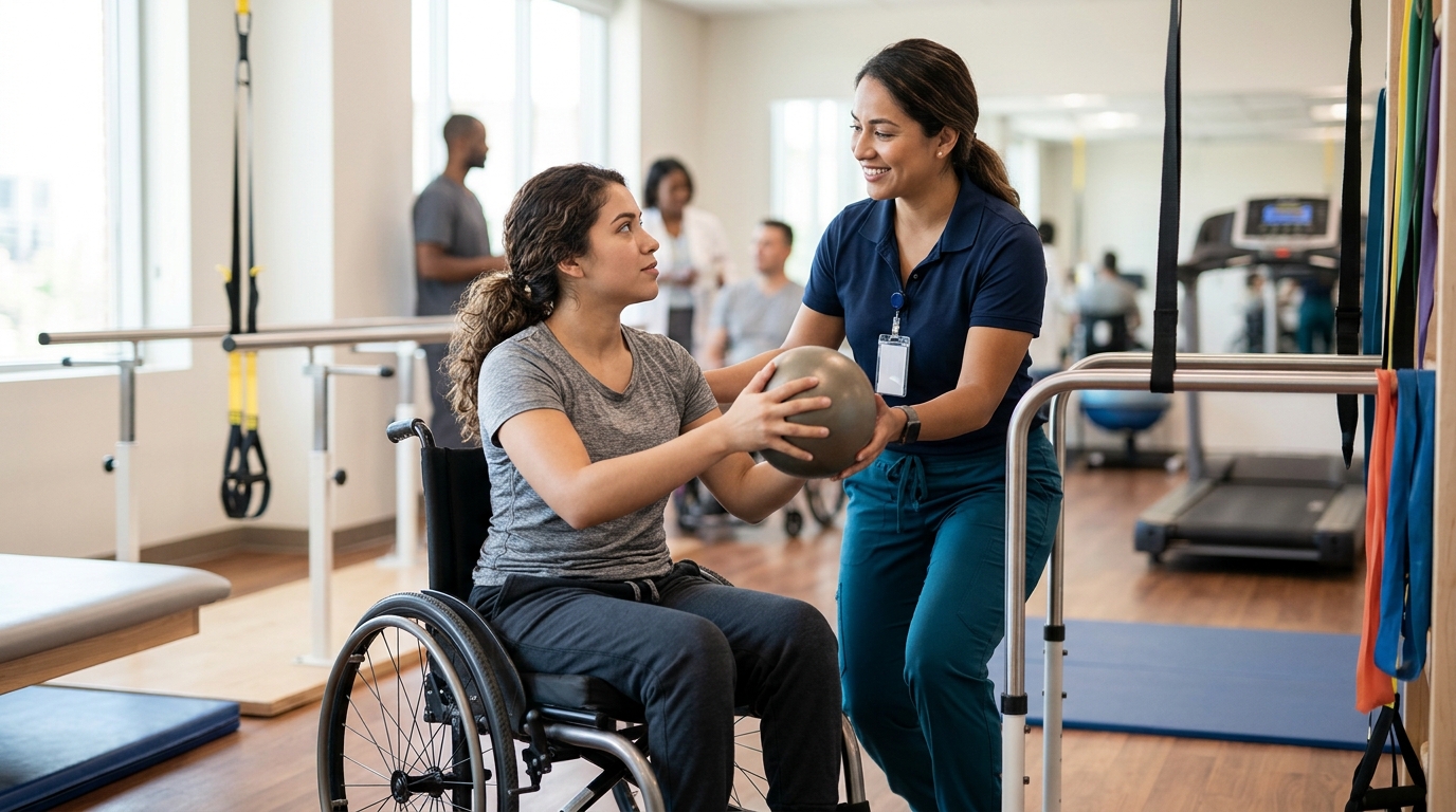 Joven en silla de ruedas trabajando con una fisioterapeuta en un gimnasio de rehabilitación de lesión medular.