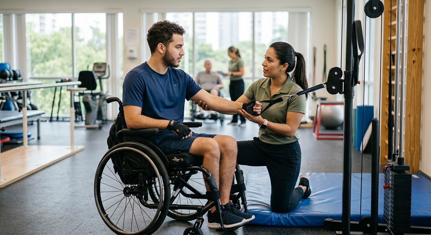 Joven hispano en silla de ruedas junto a su fisioterapeuta en un gimnasio de rehabilitación de lesiones de médula espinal.